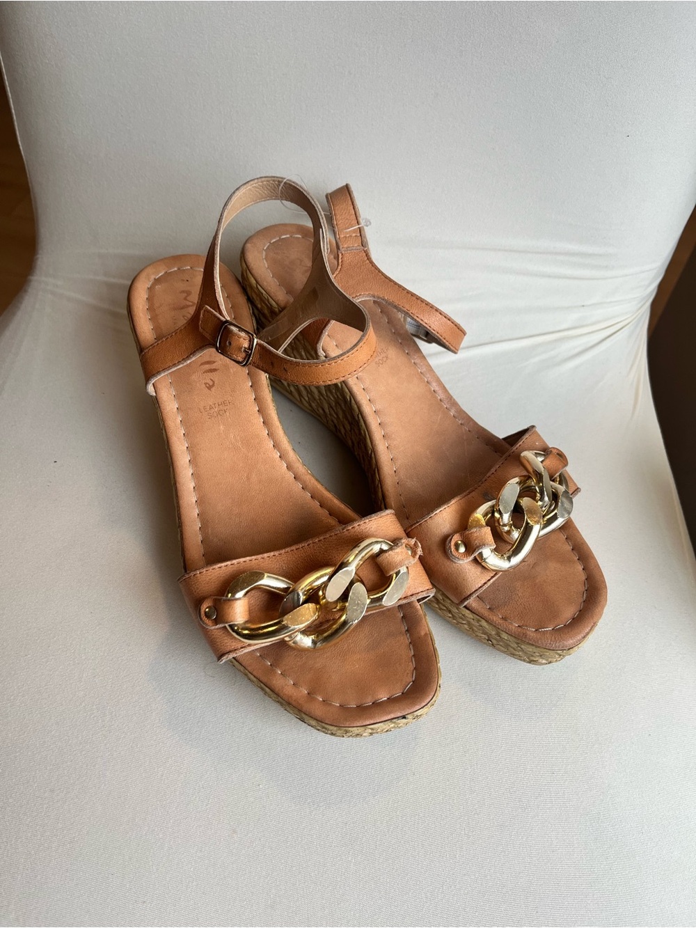 MARELLA Tan Leather Wedge Sandals with Gold Chain Detail